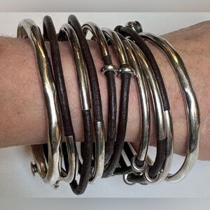 UNO De 50 Silver plated Dark Brown Leather 10 connected stacked Bracelets sz S